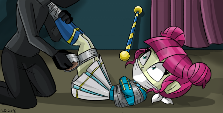 Size: 712x361 | Tagged: suggestive, artist:gaggeddude32, derpibooru import, majorette, sweeten sour, equestria girls, friendship games, background human, bondage, breast bondage, breasts, busty sweeten sour, canterlot high, cloth gag, duct tape, female, gag, kidnapped, shocked, suika sour, tied up
