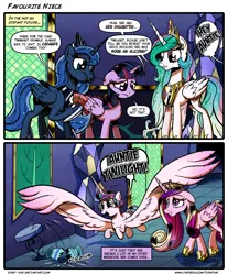 Size: 2620x3158 | Tagged: safe, artist:gray--day, derpibooru import, princess cadance, princess celestia, princess flurry heart, princess luna, twilight sparkle, twilight sparkle (alicorn), alicorn, pony, spoiler:s06, alicorn pentarchy, auntie twilight, aweeg*, cake, comic, cute, dialogue, female, flurrybetes, food, i can't believe it's not idw, impossibly large wings, large wings, mare, misplaced wing, older, speech bubble, thanks m.a. larson, vase