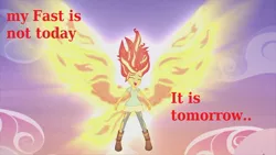 Size: 1200x675 | Tagged: safe, derpibooru import, sunset shimmer, equestria girls, my past is not today, christian sunset shimmer, christianity, fast, glow, image macro, lent, meme, pun, religion, religious focus, religious headcanon, sunset phoenix