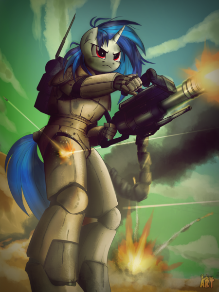 Size: 1500x2000 | Tagged: anthro, armor, artist:ruhisu, commission, derpibooru import, desert, dune, dune ii, explosion, female, fight, fire, harkonnen, mare, minigun, powered exoskeleton, safe, smoke, solo, trooper, vinyl scratch