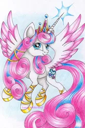 Size: 1143x1716 | Tagged: artist:lunar-white-wolf, derpibooru import, flying, magic, older, princess flurry heart, safe, solo, spoiler:s06, traditional art