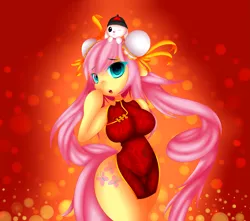 Size: 4247x3754 | Tagged: angel bunny, anthro, arm hooves, artist:jcace, belly button, breasts, busty fluttershy, cheongsam, clothes, derpibooru import, female, fluttershy, minidress, needs more saturation, odango, side slit, suggestive, vacuum sealed clothing