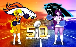 Size: 1920x1200 | Tagged: american football, anthro, applejack, artist:odiz, carolina panthers, cheerleader, crossover, denver broncos, derpibooru import, freedom planet, nfl, nfl playoffs, safe, sash lilac, super bowl 50