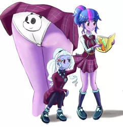 Size: 1121x1160 | Tagged: suggestive, artist:jumboz95, derpibooru import, sugarcoat, twilight sparkle, panda, equestria girls, friendship games, assisted exposure, blushing, book, clothes, crystal prep academy uniform, female, high heels, leggings, missing accessory, panda (we bare bears), panties, peeking, pervert, pigtails, school uniform, shoes, skirt, skirt lift, skirt pull, smiling, socks, twibutt, underwear, upskirt, we bare bears, white underwear