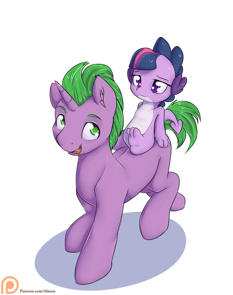 Size: 1775x2250 | Tagged: safe, artist:alasou, deleted from derpibooru, derpibooru import, spike, twilight sparkle, ponified, dragon, pony, unicorn, blank flank, dragoness, dragonified, dragons riding ponies, duo, female, male, patreon, patreon logo, ponified spike, riding, role reversal, simple background, species swap, stallion, twilidragon, white background