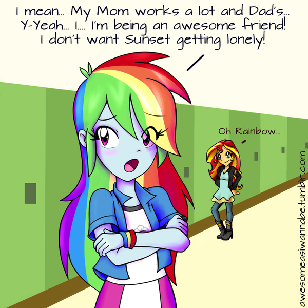 Size: 1200x1200 | Tagged: safe, artist:awesomeasiwannabe, derpibooru import, rainbow dash, sunset shimmer, equestria girls, friendship games, blatant lies, blushing, clothes, comic, crossed arms, dialogue, female, lesbian, looking away, open mouth, shipping, smiling, sunsetdash, tsunderainbow, tsundere