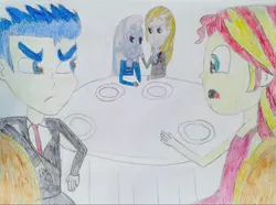 Size: 1018x758 | Tagged: safe, artist:hakdurbin, derpibooru import, flash sentry, prince blueblood, sunset shimmer, trixie, equestria girls, bluetrix, double date, female, flashimmer, male, shipping, straight, traditional art