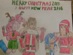 Size: 1024x768 | Tagged: artist:brandonale, big boss, christmas, crossover, derpibooru import, erza scarlett, fairy tail, happy new year, merry christmas, metal gear, metal gear solid, new year, pinkie pie, safe, sonic boom, sonic the hedgehog, sonic the hedgehog (series), traditional art