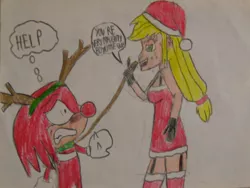 Size: 1024x768 | Tagged: safe, artist:brandonale, derpibooru import, applejack, equestria girls, appleknux, christmas, crossover, crossover shipping, knuckles the echidna, shipping, sonic the hedgehog (series), traditional art