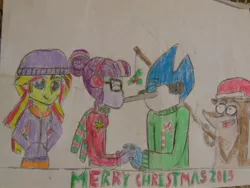 Size: 1024x768 | Tagged: safe, artist:brandonale, derpibooru import, sci-twi, sunset shimmer, twilight sparkle, equestria girls, christmas, crossover, crossover shipping, kissing, merry christmas, mordecai, mordecai and rigby, mordetwi, regular show, rigby, shipping, traditional art