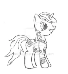 Size: 600x652 | Tagged: safe, artist:hickory17, derpibooru import, oc, oc:littlepip, unofficial characters only, pony, unicorn, fallout equestria, fanfic, black and white, fanfic art, female, grayscale, mare, monochrome, pencil drawing, pipbuck, profile, show accurate, simple background, smiling, solo, standing, traditional art, vault suit, white background