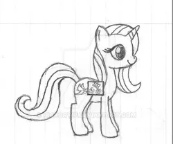Size: 600x499 | Tagged: safe, artist:hickory17, derpibooru import, oc, oc:velvet remedy, unofficial characters only, pony, unicorn, fallout equestria, fanfic, fanfic art, female, fluttershy medical saddlebag, horn, lined paper, mare, medical saddlebag, monochrome, pencil drawing, profile, saddle bag, show accurate, simple background, smiling, solo, standing, traditional art