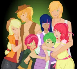 Size: 943x849 | Tagged: safe, artist:rarity-pie, derpibooru import, apple bloom, applejack, babs seed, big macintosh, braeburn, spike, twilight sparkle, human, apple family, applecest, braejack, cousin incest, female, hug, humanized, incest, male, shipping, spikebloom, straight, twimac