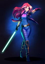 Size: 990x1400 | Tagged: artist:bakki, clothes, colored pupils, commission, crossover, derpibooru import, female, full body, human, humanized, jedi, lightsaber, mara jade, safe, smiling, solo, star wars, sunset shimmer, weapon
