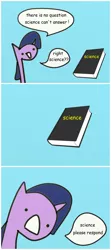 Size: 490x1100 | Tagged: artist:wollap, blue background, book, comic, :d, d:, derpibooru import, dialogue, open mouth, safe, science, simple background, solo, speech bubble, twilight sparkle