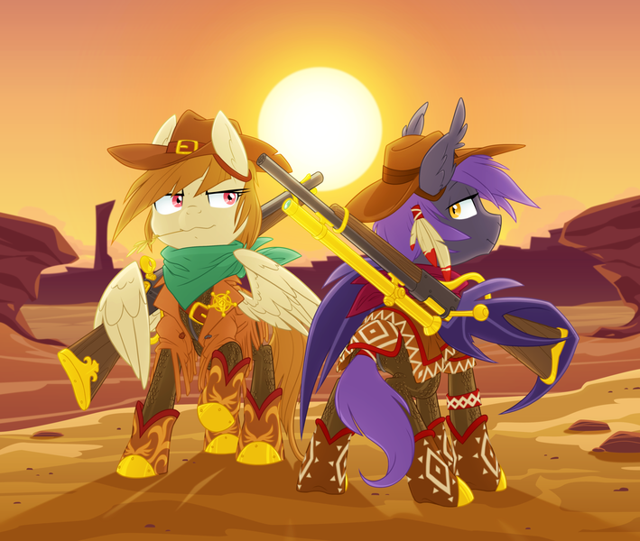 Size: 3900x3300 | Tagged: safe, artist:equestria-prevails, derpibooru import, oc, oc:dollar rain, oc:moondrop, unofficial characters only, bat pony, pegasus, pony, armor, clothes, cowboy, cowboy hat, desert, gun, hat, image, png, rifle, scale mail, weapon, wing hold