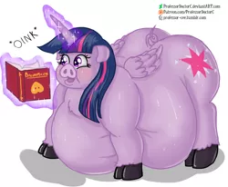 Size: 1024x844 | Tagged: safe, artist:professordoctorc, derpibooru import, twilight sparkle, twilight sparkle (alicorn), alicorn, pig, pony, belly, big belly, book, fat, morbidly obese, obese, oink, pigified, reading, species swap, sweat, twilard sparkle, twilight porkle