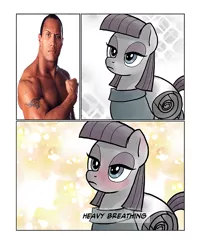 Size: 664x833 | Tagged: safe, artist:pencils, derpibooru import, edit, maud pie, earth pony, pony, blushing, comic, dwayne johnson, exploitable meme, heavy breathing, maud spies something hard, maudwayne, meme, pun, the rock, wrestling, wwe, wwf