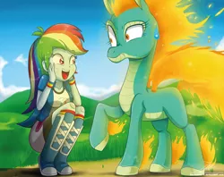 Size: 1370x1086 | Tagged: safe, artist:the-butch-x, derpibooru import, rainbow dash, tianhuo, longma, them's fightin' herds, equestria girls, boots, breasts, busty rainbow dash, clothes, cloud, community related, compression shorts, crossover, duo, excited, female, frown, grass, happy, in awe, open mouth, pink eyes, raised hoof, shirt, shoes, shorts, signature, skirt, sky, socks, sparkles, squatting, squee, sweat, sweatdrop, wide eyes, wristband