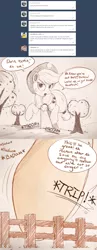 Size: 1280x3294 | Tagged: safe, artist:ncmares, derpibooru import, applejack, pony, ask, big-apple-pony, fence, giant pony, macro, silly, silly pony, solo, this will end in destruction, this will end in tears, this will not end well, trip, tumblr, uh oh, who's a silly pony