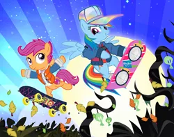 Size: 1000x786 | Tagged: artist:pixelkitties, back to the future, back to the future part 2, clothes, costume, crossdressing, crossover, derpibooru import, hasbro logo, hoverboard, marty mcfly, nightmare night, nightmare night costume, rainbow dash, safe, scootaloo, skateboard