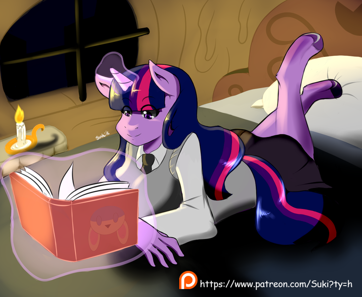 Size: 1224x1008 | Tagged: anthro, artist:suki262, bed, book, candle, derpibooru import, glowing horn, magic, patreon, patreon logo, reading, safe, solo, telekinesis, twilight sparkle, unguligrade anthro