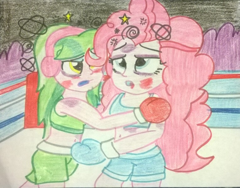 Size: 1897x1489 | Tagged: safe, artist:toyminator900, derpibooru import, lemon zest, pinkie pie, equestria girls, boxing, boxing gloves, boxing ring, dizzy, traditional art