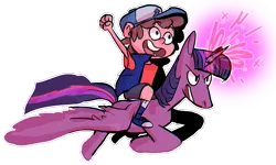Size: 900x539 | Tagged: safe, artist:stevetwisp, derpibooru import, awesome, crossover, diplight, dipper pines, gravity falls, humans riding ponies, image, magic, png, pony falls