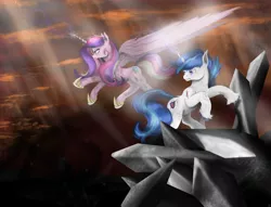 Size: 3401x2602 | Tagged: artist:vinicius040598, crystal, crystal empire, derpibooru import, female, glowing horn, injured, male, princess cadance, safe, shadow, shining armor, shiningcadance, shipping, straight