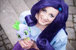 Size: 640x425 | Tagged: artist:rozenmay, clothes, cosplay, costume, derpibooru import, equestria girls outfit, human, irl, irl human, photo, plushie, rarity, safe, spike