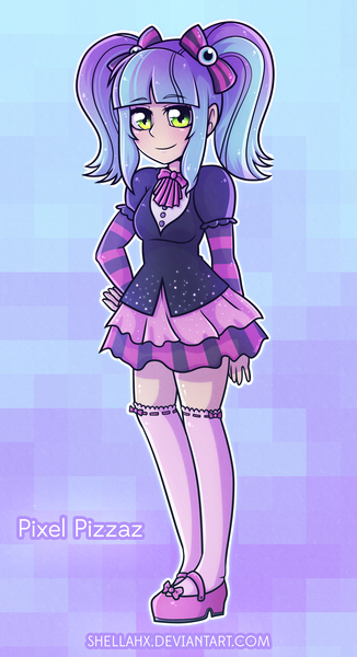 Size: 2014x3708 | Tagged: safe, artist:shellah, derpibooru import, pixel pizazz, human, equestria girls, rainbow rocks, clothes, cute, dress, female, pigtails, socks, solo