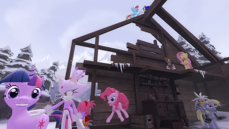 Size: 1280x720 | Tagged: safe, artist:spectrum-sparkle, derpibooru import, derpy hooves, fluttershy, pinkie pie, rainbow dash, twilight sparkle, pegasus, pony, 3d, amy rose, blaze the cat, coldfront, crossover, female, gmod, mare, miles "tails" prower, riding, silver the hedgehog, sonic the hedgehog, sonic the hedgehog (series)