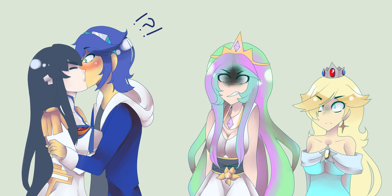 Size: 2400x1200 | Tagged: artist:princess-rosalie97, context is for the weak, crossover, crossover shipping, derpibooru import, exclamation point, faic, green background, human, humanized, interrobang, kill la kill, kissing, princess celestia, question mark, request, rosalina, safe, satsuki kiryuin, shipping, simple background, sonic the hedgehog, sonic the hedgehog (series), super mario bros., super mario galaxy, wat