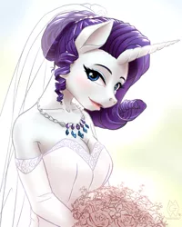 Size: 2800x3508 | Tagged: anthro, artist:mykegreywolf, beautiful, breasts, cleavage, clothes, cute, derpibooru import, dress, female, lipstick, necklace, raribetes, rarity, safe, solo, wedding dress