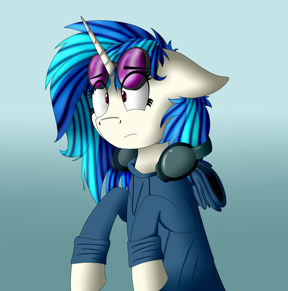 Size: 1640x1653 | Tagged: safe, artist:vanillaghosties, derpibooru import, vinyl scratch, pony, unicorn, bipedal, clothes, confused, female, floppy ears, gradient background, headphones, hoodie, mare, solo, sunglasses