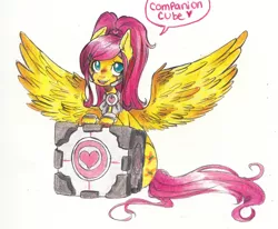 Size: 1280x1056 | Tagged: alternate hairstyle, artist:techtechno, clothes, companion cube, cosplay, costume, derpibooru import, dialogue, fluttershy, looking at you, otakufluttershy, portal, portal (valve), safe, sitting, solo, speech bubble, spread wings, traditional art