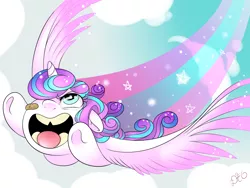 Size: 1600x1200 | Tagged: artist:dragonfoxgirl, bandaid, cloud, cute, derpibooru import, flying, older, open mouth, princess flurry heart, safe, sky, solo, spoiler:s06