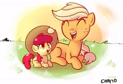 Size: 604x416 | Tagged: safe, artist:chano-kun, derpibooru import, apple bloom, applejack, earth pony, pony, accessory swap, clothes, cute, eyes closed, female, filly, happy, hat, mare, open mouth, oversized clothes, oversized hat, prone, signature, smiling