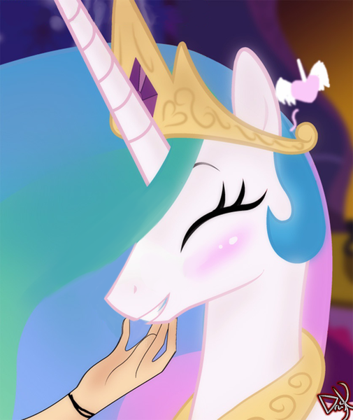 Size: 837x994 | Tagged: arm, artist:dragk, blushing, chin scratch, cute, cutelestia, derpibooru import, edit, eyes closed, grin, hand, heart, human, petting, princess celestia, safe, smiling