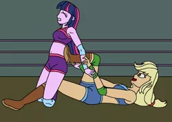 Size: 1024x728 | Tagged: safe, artist:avispaneitor, derpibooru import, applejack, twilight sparkle, equestria girls, belly button, equestria girls wrestling series, midriff, submission, submission hold, wrestling, wrestling ring