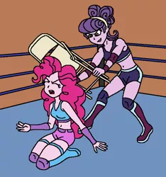 Size: 701x748 | Tagged: safe, artist:avispaneitor, derpibooru import, pinkie pie, suri polomare, equestria girls, belly button, clothes, equestria girls wrestling series, midriff, sports bra, steel chair, this will end in tears and/or death, wrestling, wrestling ring
