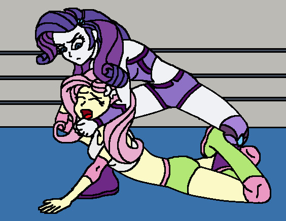 Size: 564x436 | Tagged: safe, artist:avispaneitor, derpibooru import, fluttershy, rarity, equestria girls, clothes, equestria girls wrestling series, midriff, sports bra, submission, submission hold, wrestling, wrestling ring