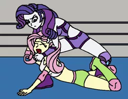 Size: 564x436 | Tagged: safe, artist:avispaneitor, derpibooru import, fluttershy, rarity, equestria girls, clothes, equestria girls wrestling series, midriff, sports bra, submission, submission hold, wrestling, wrestling ring