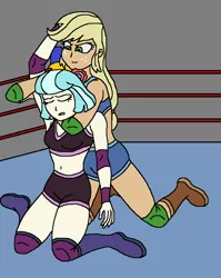 Size: 770x968 | Tagged: safe, artist:avispaneitor, derpibooru import, applejack, coco pommel, equestria girls, belly button, chokehold, choking, clothes, equestria girls wrestling series, equestria girls-ified, midriff, sports bra, wrestling, wrestling ring