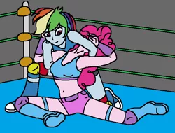 Size: 610x463 | Tagged: safe, artist:avispaneitor, derpibooru import, pinkie pie, rainbow dash, equestria girls, belly button, clothes, equestria girls wrestling series, midriff, smelly, sports bra, wrestling, wrestling ring