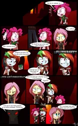 Size: 1024x1638 | Tagged: safe, artist:fj-c, derpibooru import, fluttershy, pinkie pie, rainbow dash, equestria girls, belly button, clothes, comic, dialogue, fantasy equestria, midriff, scar, spanish, surprised