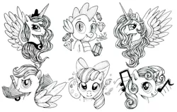 Size: 1280x807 | Tagged: apple bloom, artist:talonsword, cutie mark crusaders, derpibooru import, gem, grayscale, monochrome, princess celestia, princess luna, safe, scootaloo, sketch, spike, sweetie belle