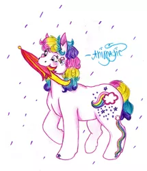 Size: 1487x1728 | Tagged: safe, artist:animagicworld, derpibooru import, raincurl, g1, rainbow curl pony, solo, traditional art, umbrella