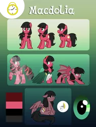 Size: 3728x4938 | Tagged: safe, artist:drawntildawn, derpibooru import, oc, oc:macdolia, unofficial characters only, bat pony, crystal pony, earth pony, pegasus, pony, clothes, discorded, dress, gala dress, pigtails, pocket watch, reference sheet