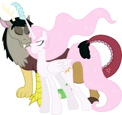 Size: 4736x4495 | Tagged: safe, artist:jennieoo, derpibooru import, discord, princess celestia, alicorn, draconequus, pony, absurd resolution, dislestia, duo, ethereal mane, eyes closed, female, male, mare, pink-mane celestia, shipping, simple background, straight, teenager, transparent background, vector, younger